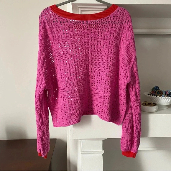 FREE PEOPLE ‘Home Run’ Pink and Red Crochet Sweater with Balloon Sleeves - Picture 4 of 6